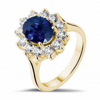 Verloving - Entourage ring in geel goud met ovale saffier en ronde diamanten