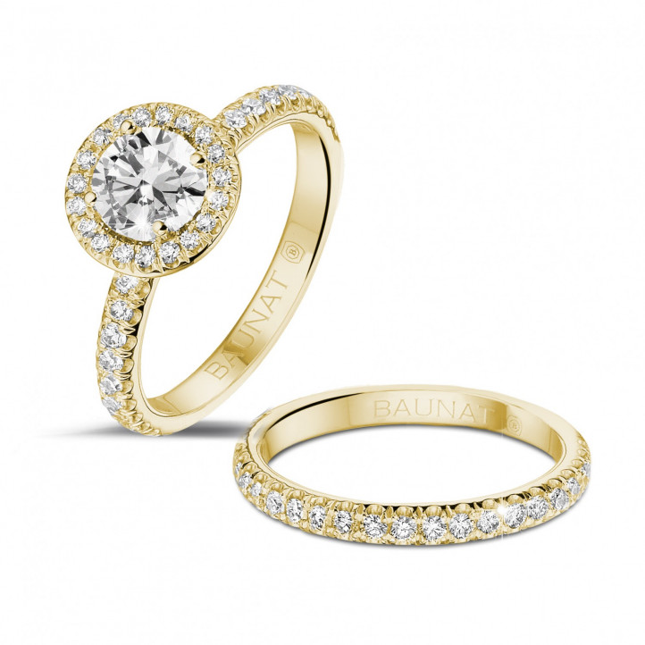 0.70 karaat Halo solitaire ring in geel goud met ronde diamanten