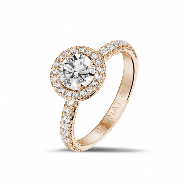 0.70 karaat Halo solitaire ring in rood goud met ronde diamanten