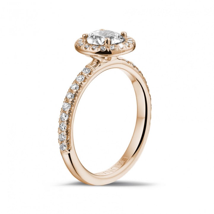 0.70 karaat Halo solitaire ring in rood goud met ronde diamanten