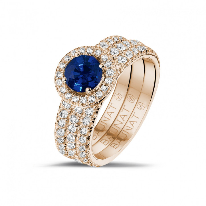 Halo solitaire ring in rood goud met ronde saffier en kleine ronde diamanten