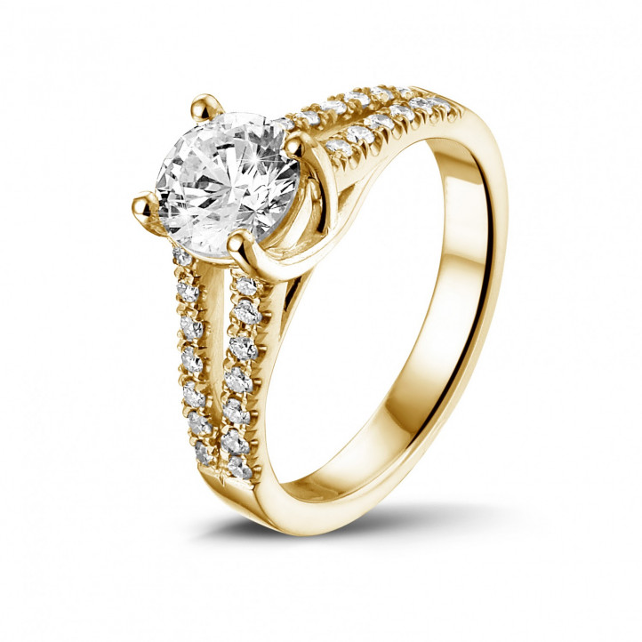 1.00 karaat solitaire ring in geel goud met zijdiamanten