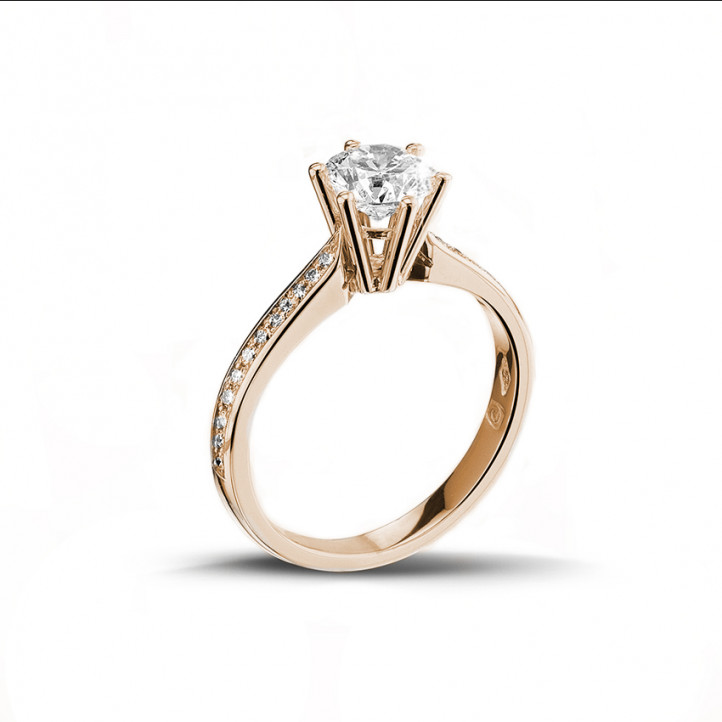 1.25 karaat diamanten solitaire ring in rood goud met zijdiamanten