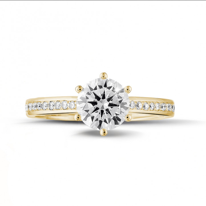 1.25 karaat diamanten solitaire ring in geel goud met zijdiamanten