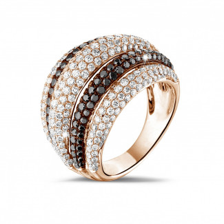 Gouden ring - 4.30 karaat ring in rood goud met witte en zwarte ronde diamanten