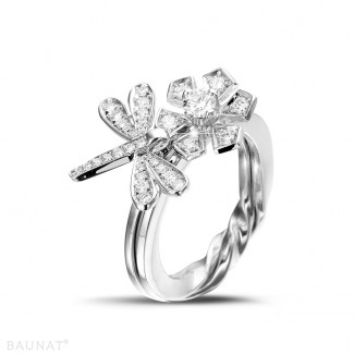Exclusieve BAUNAT stock verkoop (geen 30 dagen retour) - 0.55 karaat diamanten bloem & libelle design ring in wit goud (Beschikbaar in maat 48,49,50,52,54,55)