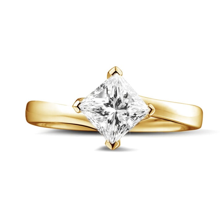1.00 karaat solitaire ring in geel goud met princess diamant