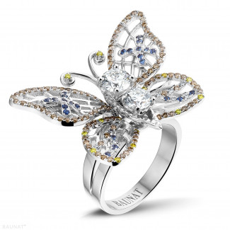 2024 Stock sale - Exclusieve BAUNAT stock verkoop (geen 30 dagen retourrecht) - 1.75 karaat design vlinderring in wit goud met cognackleurige diamanten en saffier