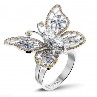 Ringen - 1.75 karaat design vlinderring in wit goud met cognackleurige diamanten en saffier
