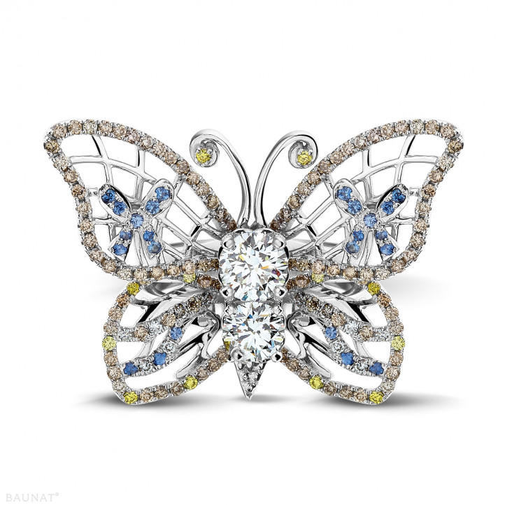 1.75 karaat design vlinderring in wit goud met cognackleurige diamanten en saffier