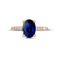 Oval safir ve yanları pırlantalı kırmızı altın yüzük