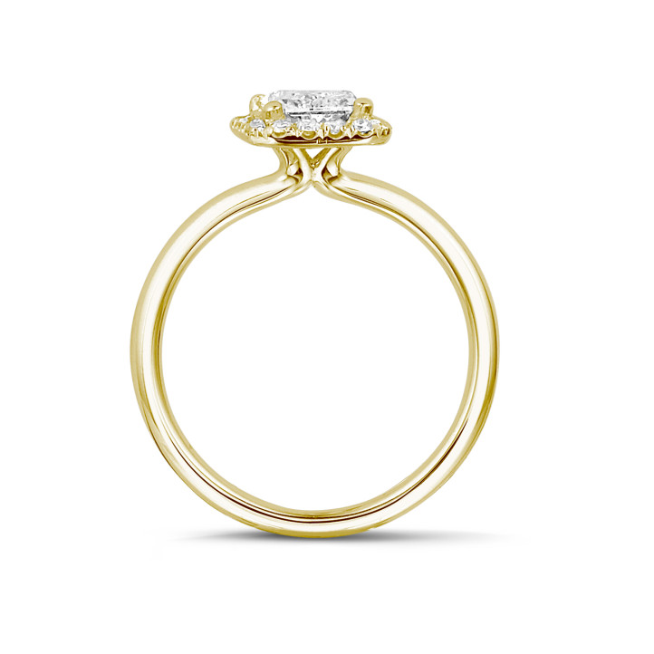 1.50 karat tektaş halo yüzük, sarı altın ve yuvarlak pırlantalı asscher kesim pırlanta
