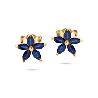 Sarı Altından Markiz Kesim Mavi Safir Yapraklı Flowers Küpe