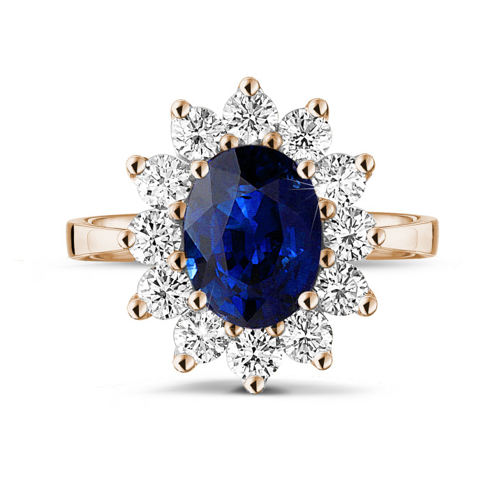 Oval safir ve yuvarlak pırlantalı kırmızı altın Entourage yüzük