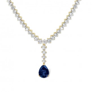 Düğün takıları - 21.armut biçimli safir ile sarı altından 30 karat pırlanta degrade kolye