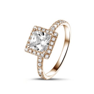 钻石戒指 - 1.00克拉Halo光环公主方切工围镶单钻玫瑰金戒指